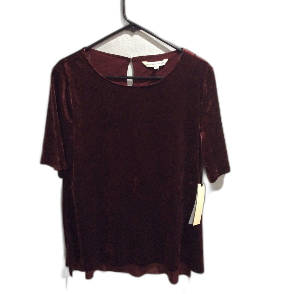 New NWT Velvet feel short sleeve top stretch Large L Burgandy women's